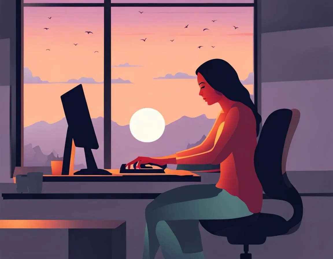 mulher sentada no computador ao por do sol